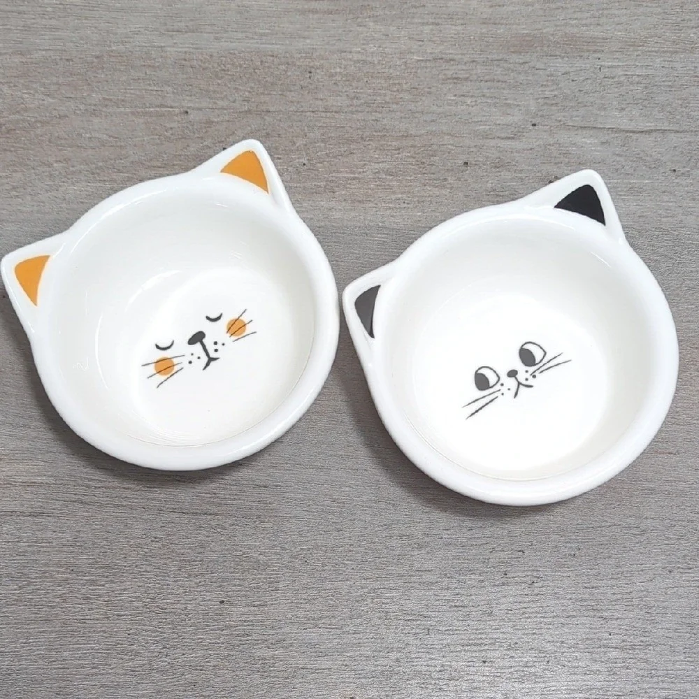 Vtg Cat Face Ceramic Pet Bowls Trinket Trays White Black Retro Heavy Duty Pair 2